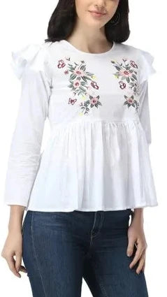 (WHOLESALE) Ladies Embroidered Cotton Top T1014R.