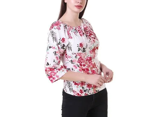 (wholesale 30 pieces)Ladies Printed Off Shoulder Top T1008R
